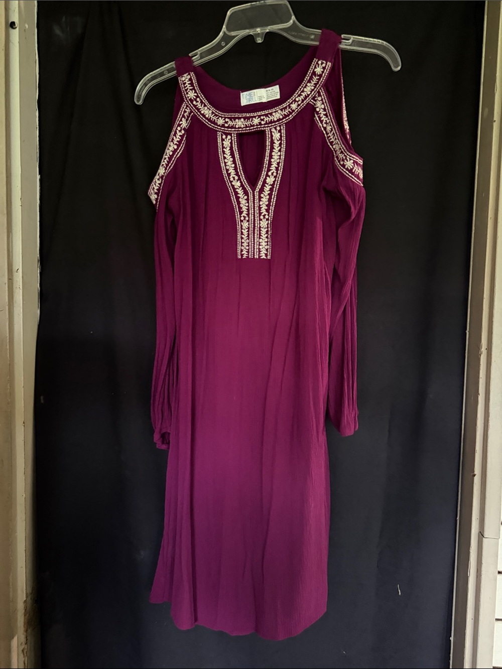 Time and Tru Plum Cold-Shoulder Embroidered Midi Dress